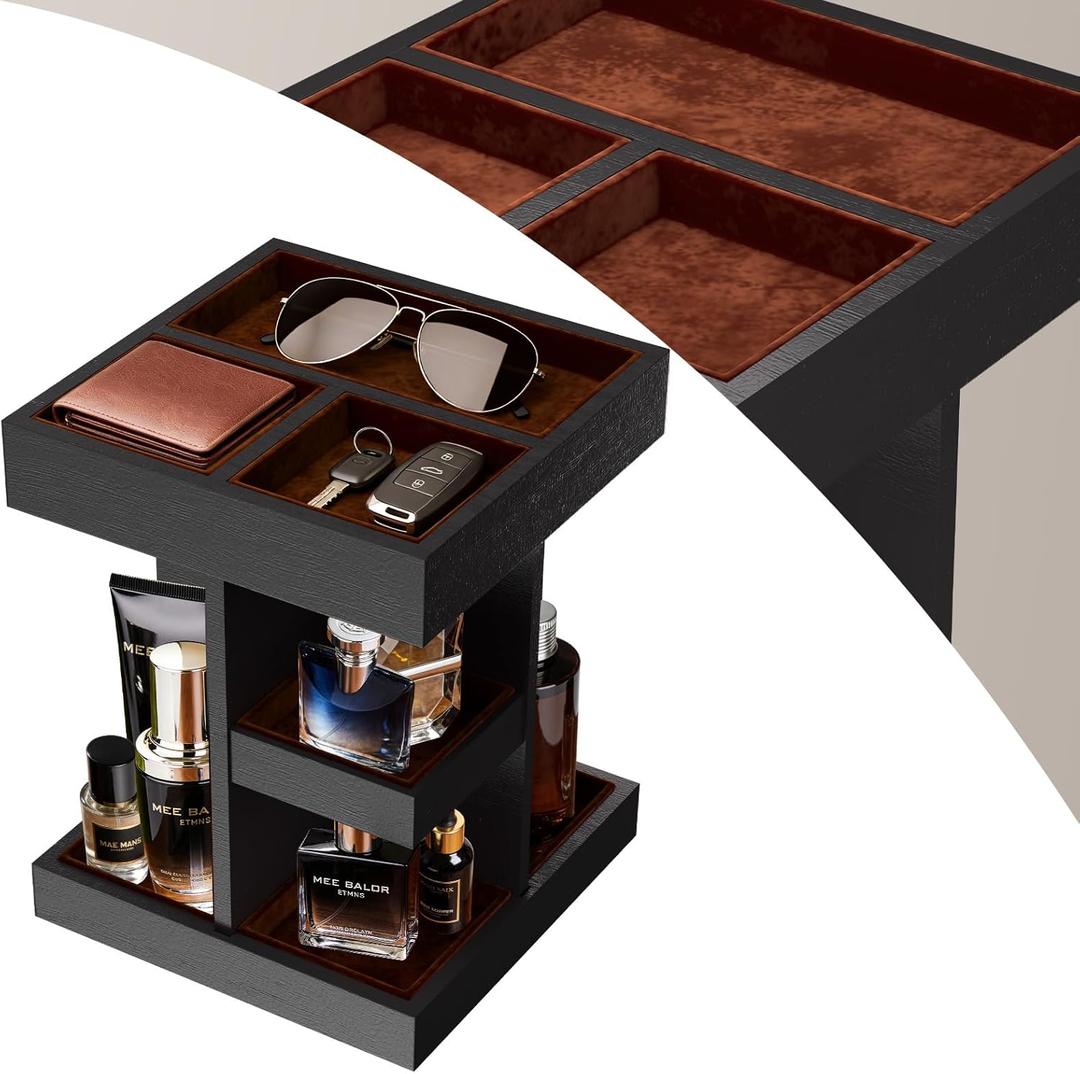 Spinning Cologne Organizer for Men, 3-Tier Wooden Perfume Organizer Rotating with Velvet Lining, Cologne Stand for Men for Dresser, Desk, Bathroom, Valentine's Day Gifts for Husband (Black)