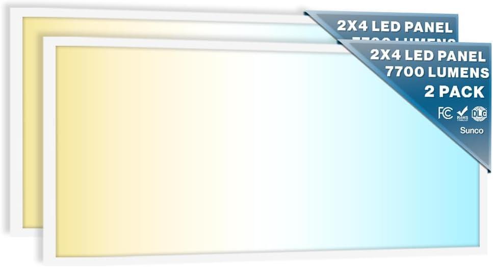 Sunco 2x4 LED Flat Panel Light Drop Ceiling Office Fixture, 7700 LM, Selectable Features, 40W/ 50W/ 60W, 4000K/ 5000K/ 6000K, Dimmable (0-10V), Dustproof ETL 2 Pack