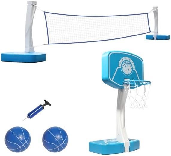 2-in-1 LED Pool Volleyball & Basketball Game Set, Light Up Pool Sport Combo Set with 13in Rim/2Balls/2 Base/Pump, Inground Swimming Pool Toy Game for Adults & Family