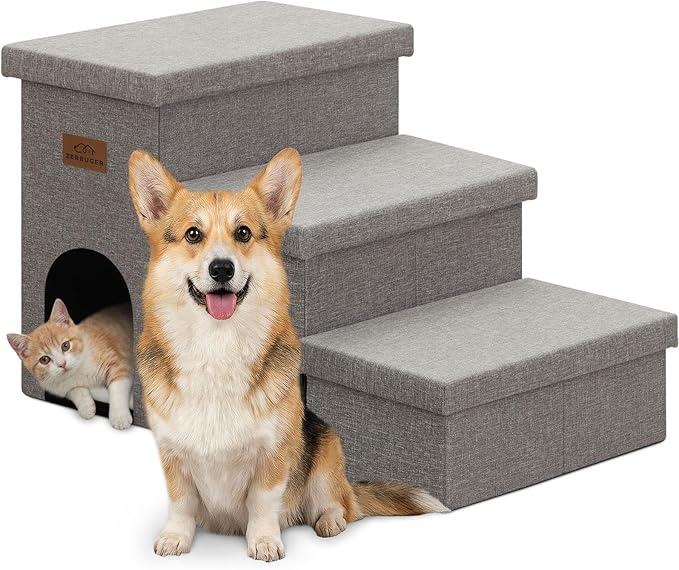 LLAZEZZZ Dog Stairs with Storage, Supports up to 150 lbs, 3-Step Wider Sturdy Dog Steps for Small/Medium Dogs and Older Pets, Folding Doggie Ramp for Beds/Sofas/Chairs/Cars, Grey