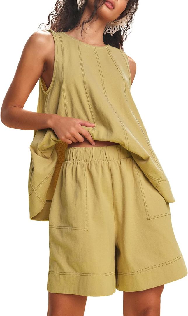 Majdan Womens 2 Piece Outfits Summer Shorts Set Sleeveless Tank Top and Shorts Matching Set with Pockets (X-Small, Yellow)