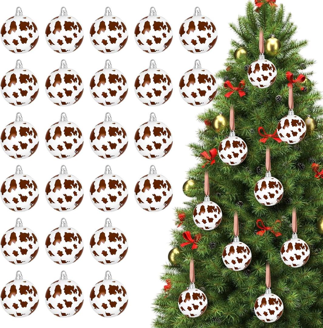 24 Pcs Christmas Cow Print Ball Ornaments 2.4 Inch Plastic Western Cow Ornaments Country Western Party Decorations Rustic Holiday Xmas Baubles for Home Xmas Tree Party Hanging Decoration