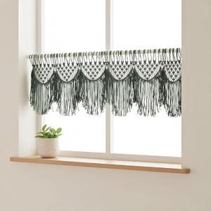 Macravine Boho Window Valance, Macrame Short Curtain for Window Decoration, Handmade Cotton Fringe Curtain Topper, Decorative Window/Door Curtain with Tassels Green Color 46″x20″ (no Rod Included)