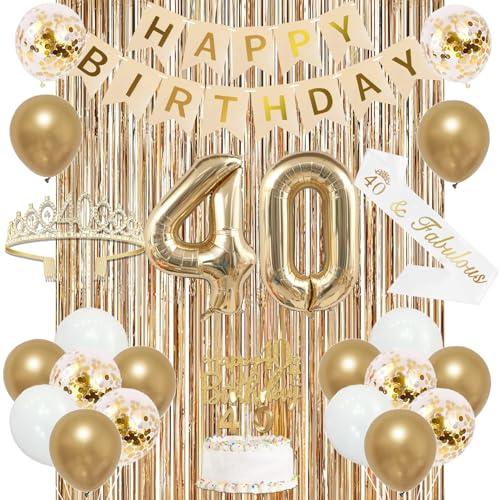 Trgowaul 40th Birthday Decorations for Women, Banner, Sash and Crown, Cake Topper, 40 Number Balloon, Fringe Curtains, Champagne Gold 40th Birthday Party Supplies