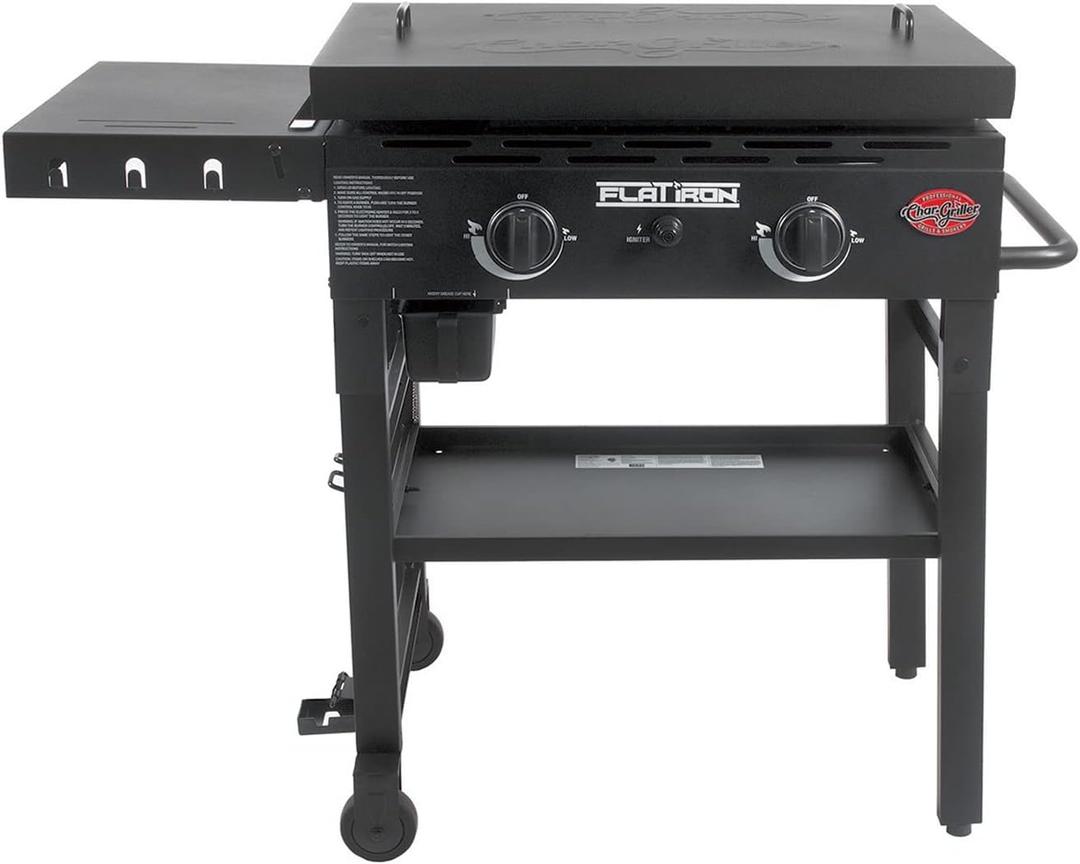 Char-Griller Flat Iron 2-Burner Propane Gas Flat-Top Griddle with Steel Griddle Top, Wind Guards and Removable Lid, 520 Cooking Square Inches in Black, Model 8128