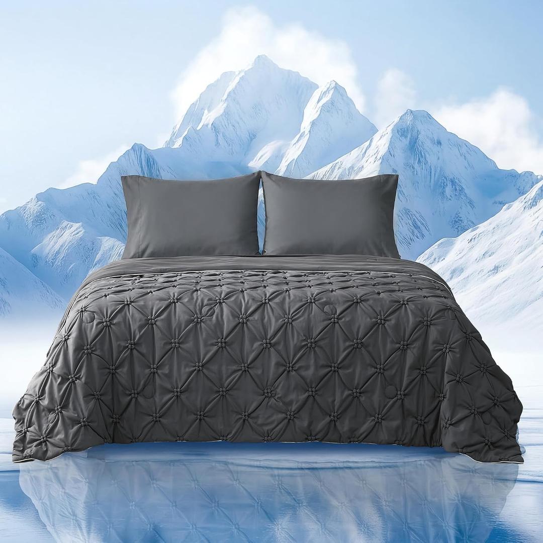 Amlie Home Elegant Pintuck Cooling Comforter Queen Size, Cooling Blanket for Hot Sleepers, Lightweight Summer Bedding with Q-Max 0.45 Cooling Fabric, Cold Blanket, 90''x90'', Charcoal Grey, Full/Queen