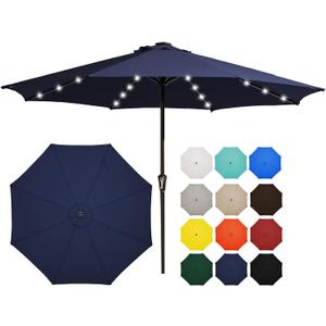 JEAREY 11' LED Lighted Patio Umbrellas Outdoor Solar Table Market Umbrella w/Crank, 8 Sturdy Ribs, UV Protection Waterproof Sunproof(Navy Blue)