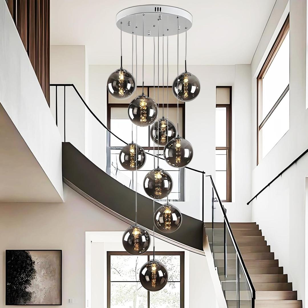 Long Chandeliers for High Ceilings,Modern Glass Ball Pendant Light,Raindrop Drop Lamp,Hanging Flush Mount Lighting Fixtures for Spiral Staircase,Foyer,Entryway,Living Room,Grey
