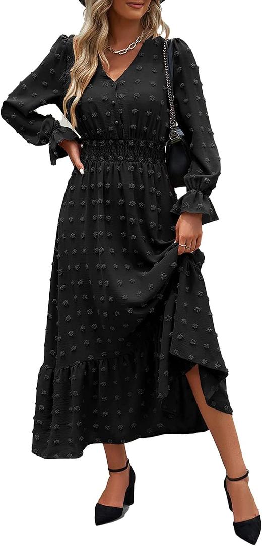 MASCOMODA Women Maxi Dress 2025 Fall Long Sleeve V Neck Swiss Dot Boho Smocked High Waisted A-Line Tiered Flowy Long Dresses (S)