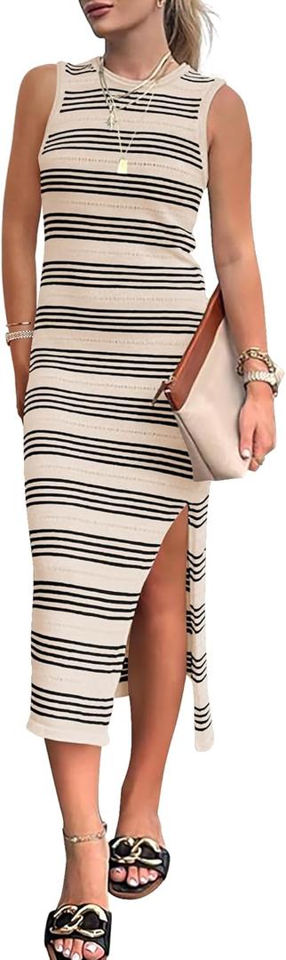 BTFBM Womens Sleeveless Summer Dresses 2025 Crew Neck Casual Sundress Hollow Out Side Slit Bodycon Knit Long Tank Dress (Small, Apricot)