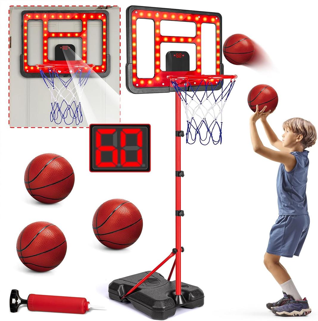 Kids Basketball Hoop Adjustable Height 3.5FT-6.2FT, Indoor & Outdoor Toddler Basketball Hoop with Scoreboard & LED, Boys Basketball Toy for 3 4 5 6 7 8 Years Gift, Portable Basketball Goals Sport Game