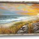 Beach Framed Wooden Wall Art: Sunset Ocean Wave Painting Print Relaxing Coastal Theme Picture Sea Grass Rocky Seascape Artwork Decor for Living Room Bedroom Office