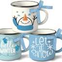 Hello Winter Snowman Mini Coffee Mug Set of 3, Let It Snow Glove Snowflake 5 oz Mini Coffee Cups Tiered Tray Decor, Blue Christmas Holiday Kitchen Coffee Bar Decorations Housewarming Gift