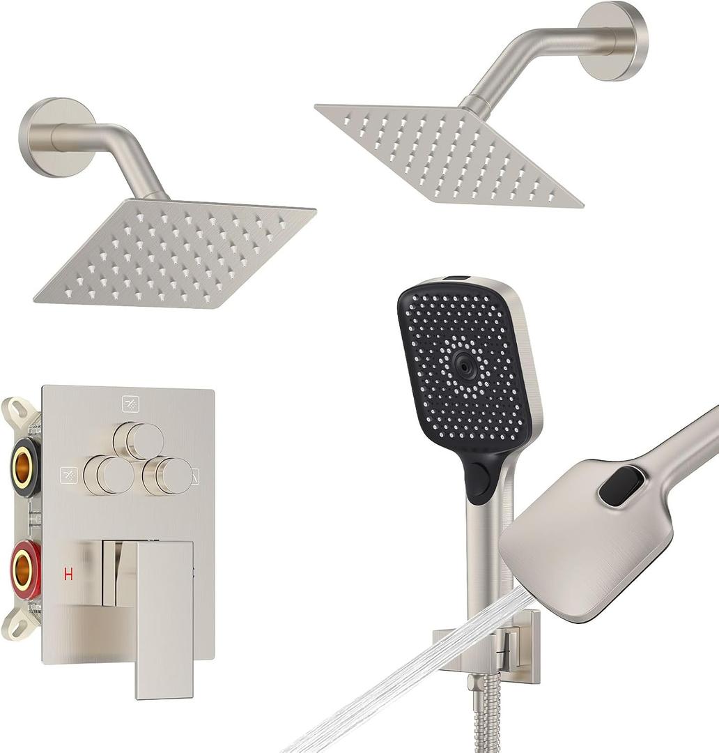 Iriber Shower Faucet Set Brushed Nickel,Push Button Diverter Bathtub Shower System with 2 in 1 Handheld, 6 Inch Dual Shower Head for 2 people Combo Trim Kit Wall Mount (Valve cartridge Included)