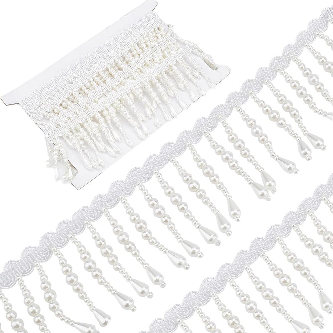 GORGECRAFT 2 Yards Pearl Lace Trimmings Ribbons Vintage Style Beaded Edging Fabric Pendant Tassels Garment Fringe Embroidered Applique Sewing Craft Wedding Bridal Dress Party Clothes Decoration