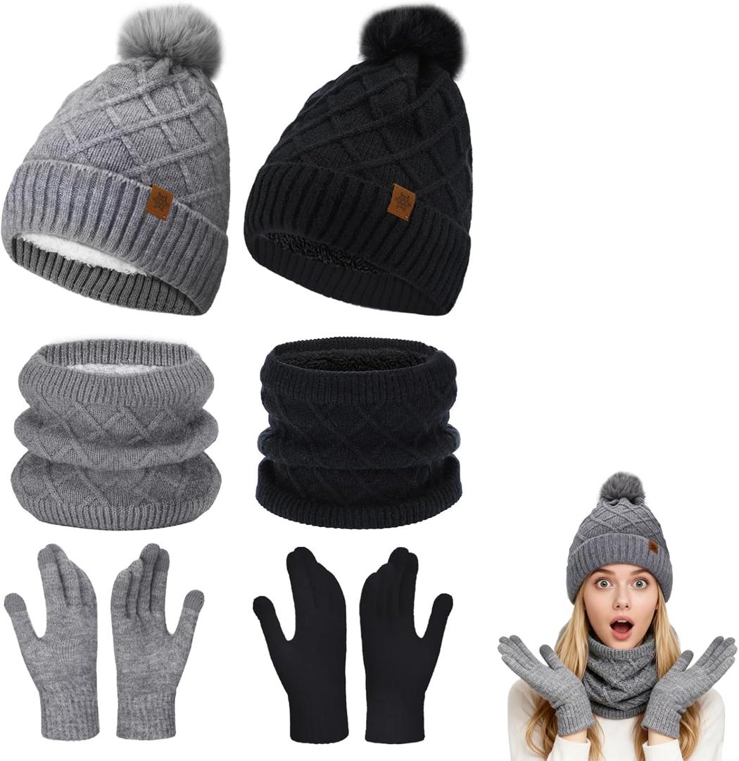 MEWTOGO Thick Fleece Winter Warmer Breathable Beanie Neck Gaiter Touchscreen Gloves Set for Women Gifts, 2 Sets (Black)
