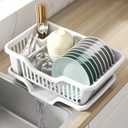 2-Piece Plastic Dish Drying Rack, Heavy Duty Sink Set Dish Rack, White Large Drainer with Attached Drainboard Utensil Cup Holders for Home Kitchen Counter Top Organizers