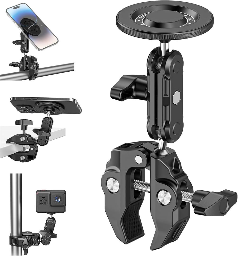 Mic Stand Phone Holder Aluminum Compatible with Magsafe iPhone 16/15/14/13/12 Plus Pro Max Series, Side Mount Cellphone Music Stand Holder for Microphone, 360 Swivel Tilt Adjustable Mic Phone Mount