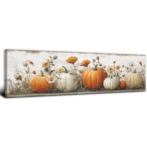 Large Pumpkin Wall Art Fall Wall Decor Farmhouse Kitchen Pictures Wall Decor Autumn Pumpkins Leaves Canvas Prints Painting Rustic Botanical Poster Artwork for Bedroom Living Room Decoration 14x48”