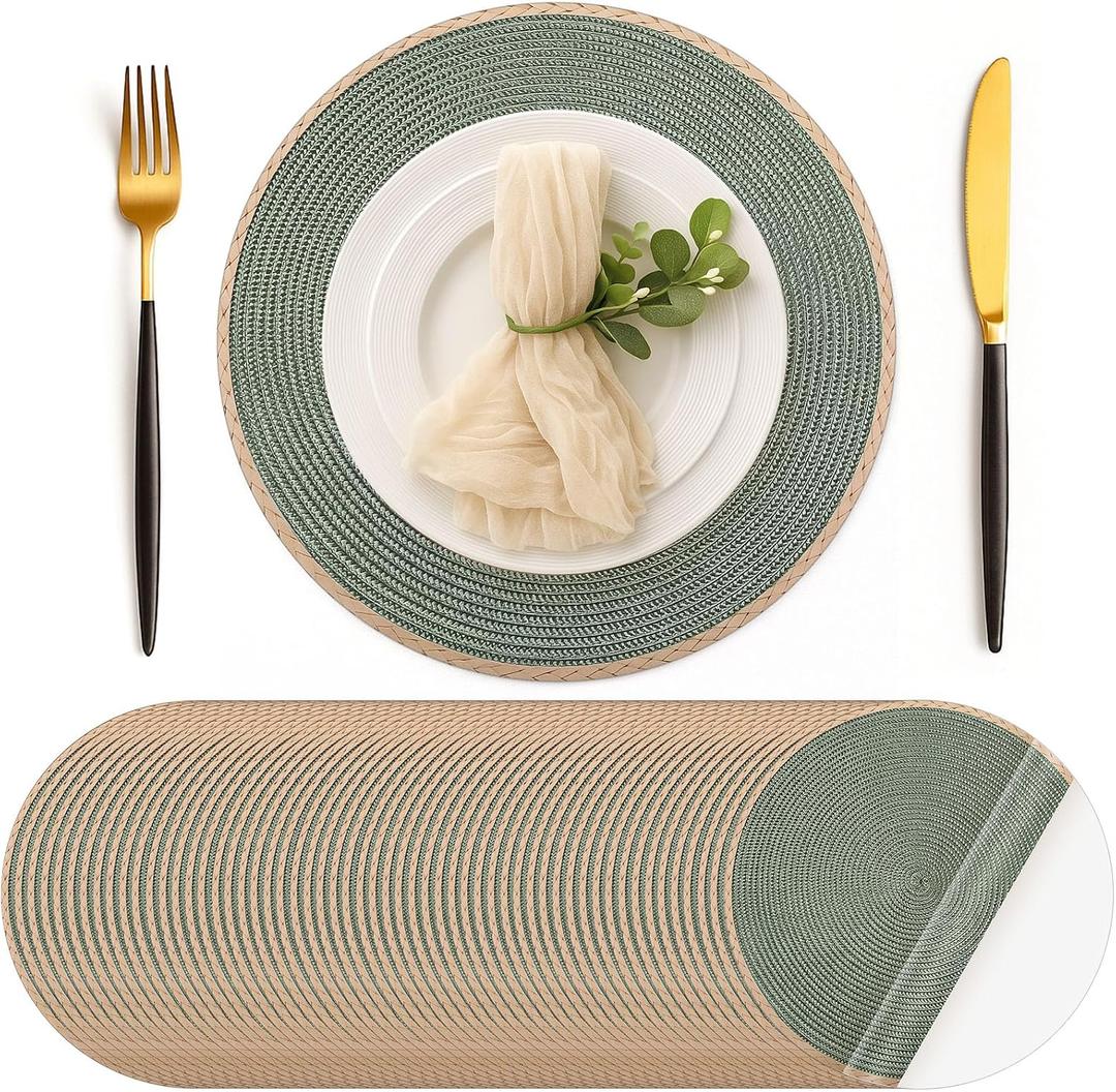 Geosar 50 Pcs Disposable Paper Placemats Round Braided Woven Look 13'' Paper Placemats Rustic Color Blocking Table Mats for Dining Table Decoration, Birthday Wedding Bridal Baby Shower Party (Green)