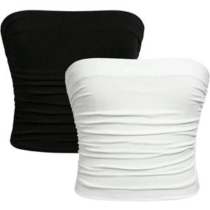 Milumia Girl's 2 Pack Tube Top Ruched Strapless Going Out Basic Bandeau Tops Black and White 9 Years