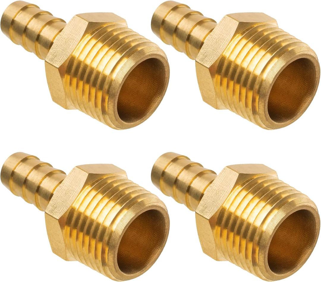 Brass Hose Barb Fitting, 5/16" Barb x 3/8" NPT Male Pipe Adapter Connector, Ideal for Air, Gas, Fuel, Oil (4-Pack)
