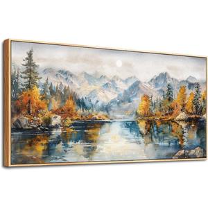 Wood Framed Canvas Wall Art for Living Room Large Wall Decor for Bedroom Forest Mountain Landscape Paintings Office Decorations Farmhouse Home Mural Watercolour Pictures Artwork 20x40 in (40L" x 20W")