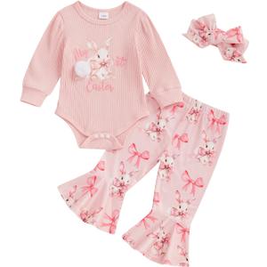 Afunbaby My First Easter Baby Girl Outfit Newborn Onesie Bow Shirt Bunny Romper Bell Botton Pants Summer Clothing Set (Pink)
