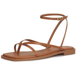 Womens Flats Sandals Square Toe Strappy Ankle Strap Flats, Brown Size 6
