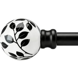 Ceramic Curtain Rods Black for Windows 66 to 120 Inches Adjustable Length Heavy Duty 1" Diameter Window Curtain Rod with Modern Leaf Pattern Decorative Finials for Bedroom Kitchen Living Room
