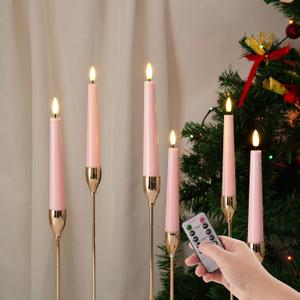 Eywamage Short Pink Flameless Taper Candles with Remote, Flickering Christmas Battery LED Wax Candlesticks Set of 6