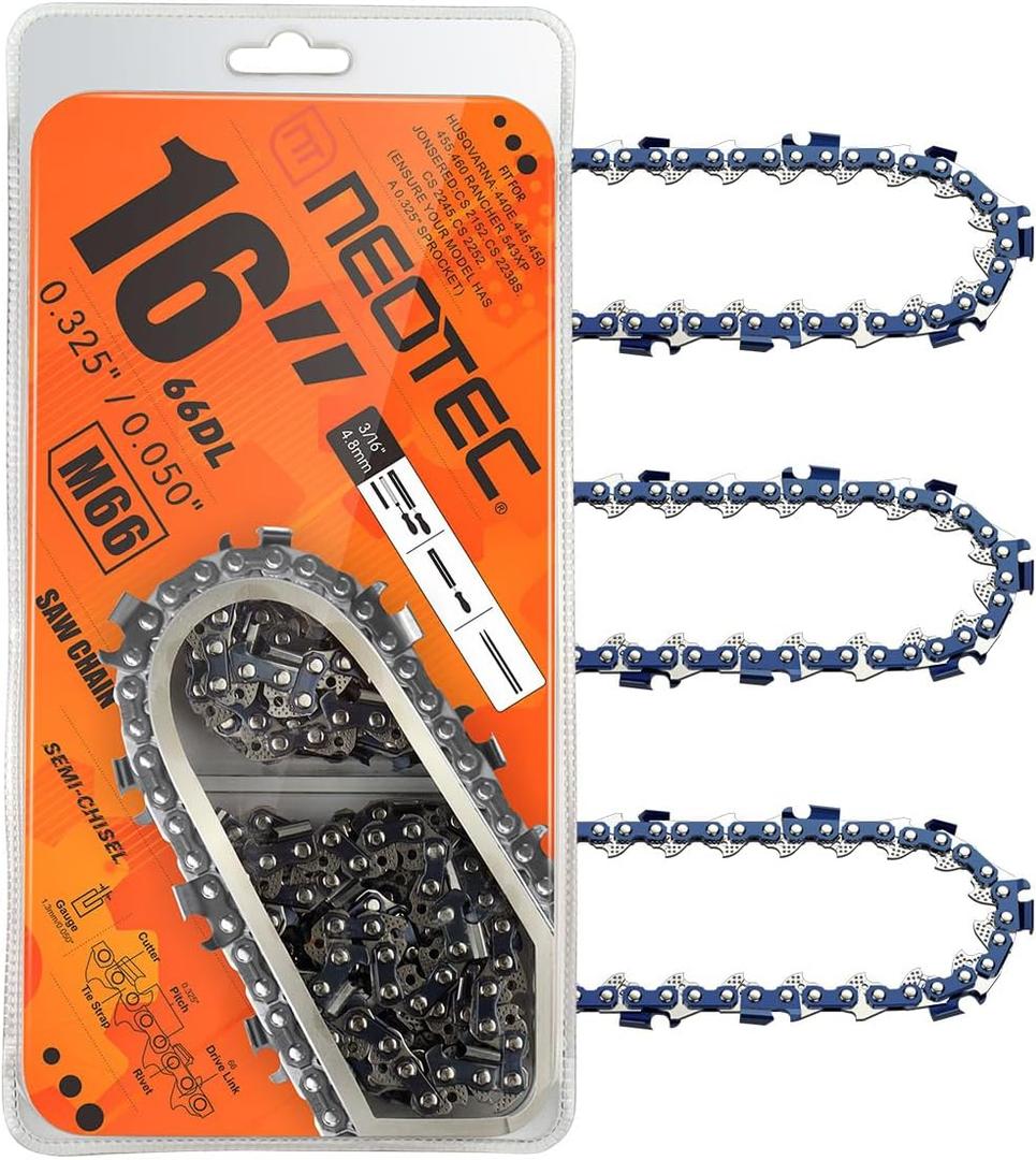 NEO-TEC 3 Pack 16 Inch Chain Saw Chain 0.050" Gauge 0.325" Pitch 66 Drive Links, Fits for 435, 445, 450E, 543XP and more - M66