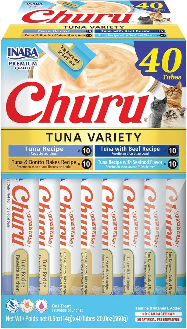 INABA Churu Cat Treats, Grain-Free, Lickable, Squeezable Creamy Pure Cat Treat/Topper with Vitamin E & Taurine, 0.5 Ounces Each Tube, 40 Tubes, Tuna Variety Box, EXP 10/30/2025 