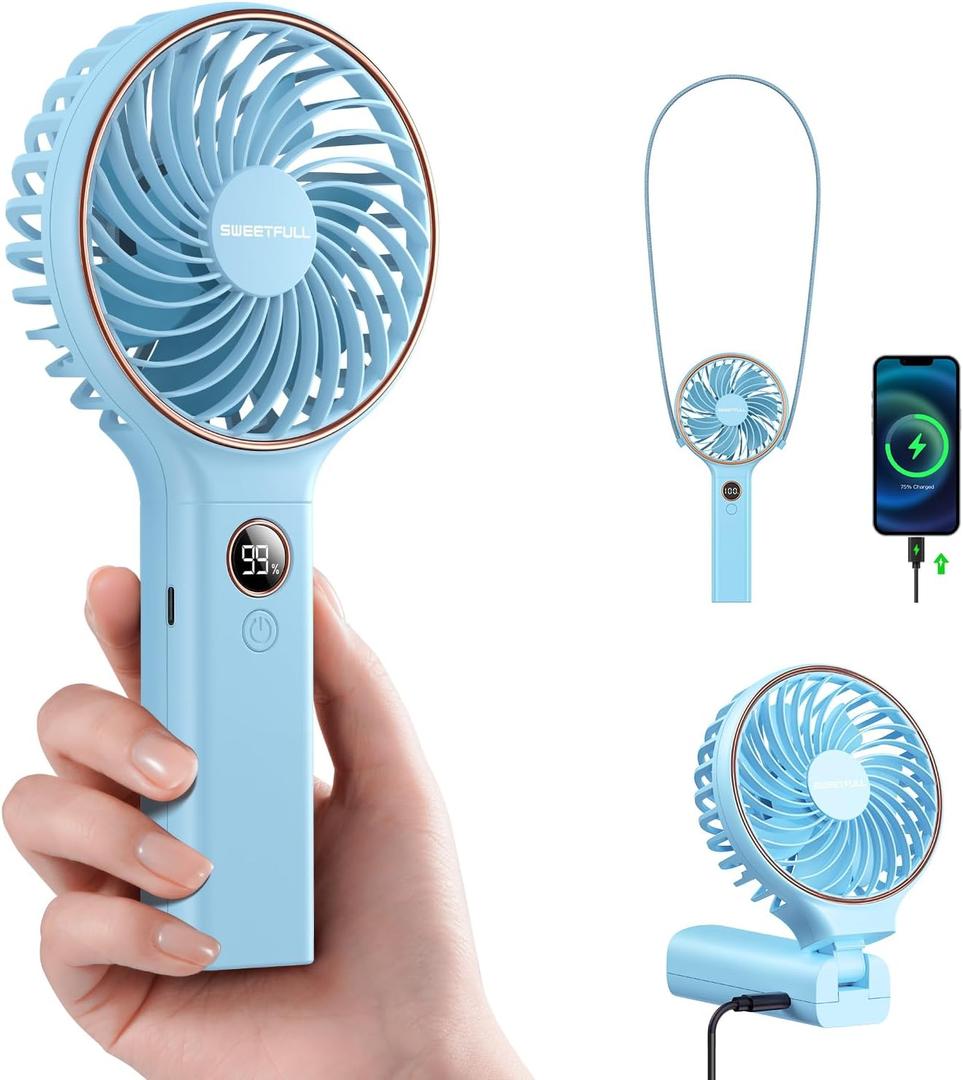 SWEETFULL Handheld Portable Fan, 5000mAh Rechargeable Battery, 6 Speed Wind, LED Digital Display, Foldable Electric Personal Mini Travel Fan with Backup Power, Summer Essentials Gifts for Women Girl (Blue)