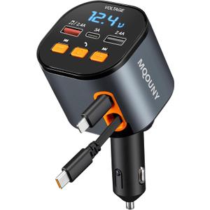 Retractable Car Charger,5 in 1 Fast Cars Phone Charger 90W,Bluetooth 5.3 FM Transmitter Adapter,Handsfree Call,2 Retractable Cables and USB Chargers for iPhone17/16 15/14/13