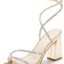 Coutgo Womens Lace Up Chunky Heels Rhinestone Sandals Square Open Toe High Block Heeled Wedding Dress Shoes, Gold, Size 6.5
