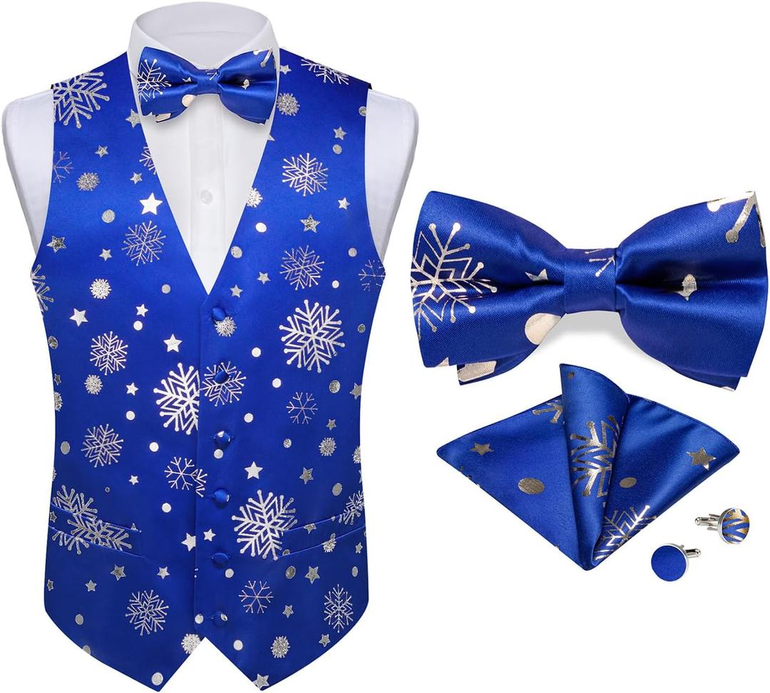 DiBanGu Mens Christmas Suit Vest Holiday Xmas Waistcoat Bowtie Set Party Suit Vest Christmas Holiday Waistcoat Tuxedo (Small, Blue Silver)