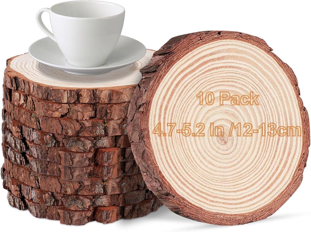 4.7-5.2 Inch Wood Slices, 10 Pcs Unfinished WoodCoasters, Wood Centerpieces for Tables, WoodCircles for Crafts, Rustic Wedding Decoration, Christmas Baby Shower