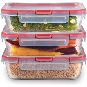 Pyrex Freshlock (3-Pack, 6 Cup) Glass Food Storage Containers Set, Airtight & Leakproof Plastic Locking Lids BPA-Free, Meal Prep Containers Set, Freezer Dishwasher Microwave Safe