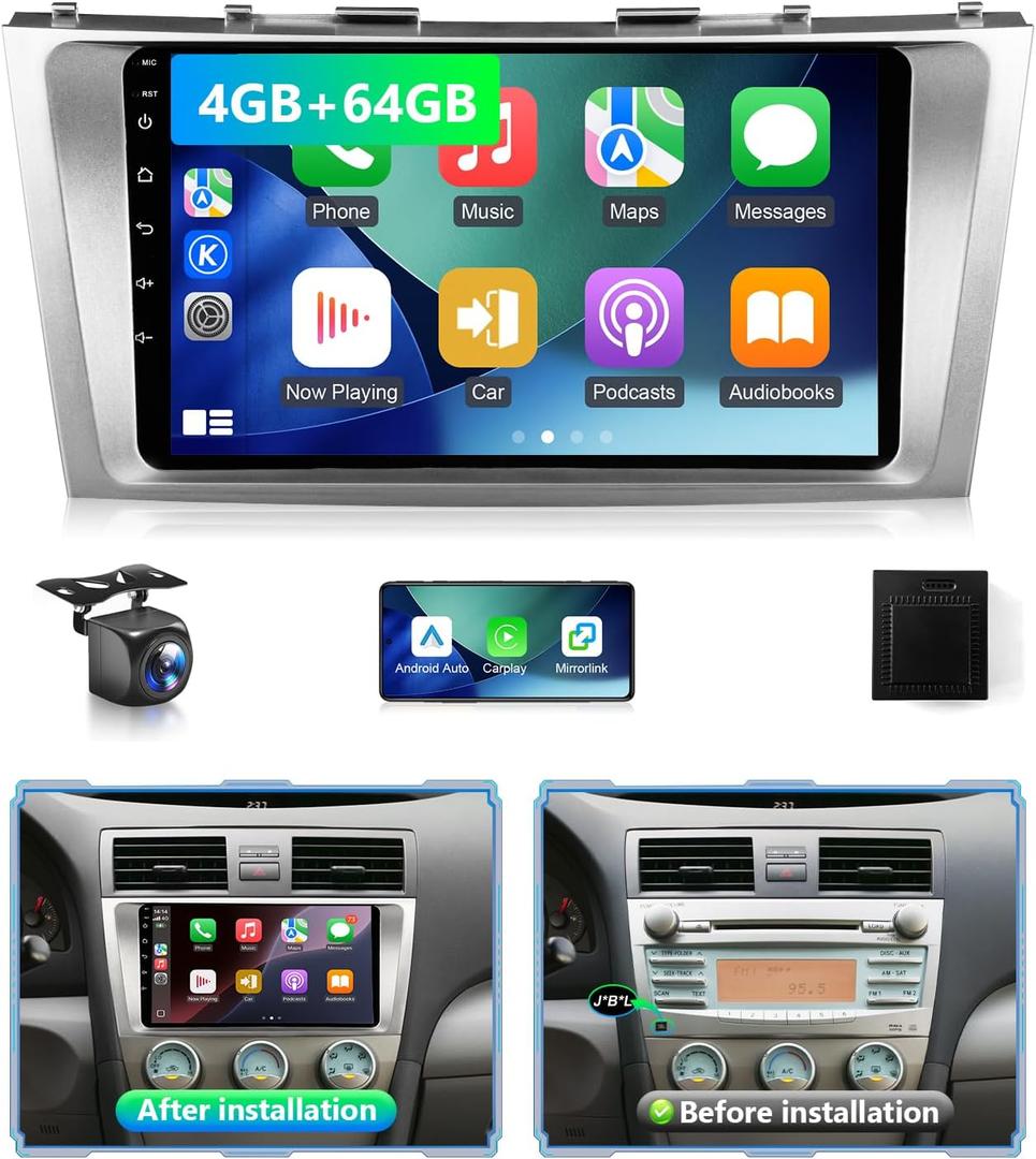 4G+64G Android Car Play Stereo for Toyota Camry 2006 to 2011 Radio Apple CarPlay Android Auto, 9" Touch Screen for Camry GPS Navi 5G WiFi FM RDS DSP HiFi Mirrorlink Camera SWC (Fit J.B.L)