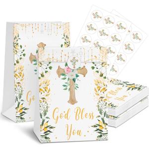 White Gold Floral Party Favor Bag - 24pcs Christmas Goodie Bag for Gold Crosses for Newborn Baptism Church Party Decorations for Baby Shower Communion Baptism Bread Cookie Snack Bags (6  3.14  8.3 inch) (religion)