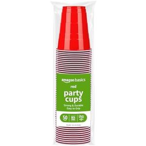Amazon Basics Disposable Plastic Party Cups, Red, 18oz, 50 Count