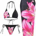 ZAFUL Womens 3pcs Swimsuit Floral Halter Triangle Bikini Top Tie Side Bottom with Long Sheer Cover Up Skirt, L