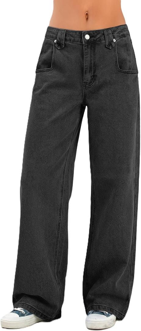 EMMIOL Baggy Jeans Women Straight Leg Mid Rise Boyfriend Wide Leg High Waisted Cute Trendy Y2K Loose Fit Pants Stretchy (Black, M)
