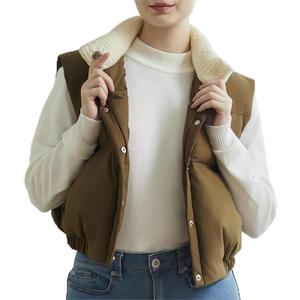HAOZHIYU Women's Winter Outerwear Vests Crop Puffer Vest Lightweight Sleeveless Padded High Stand Collar Jacket with Pockets Brown L