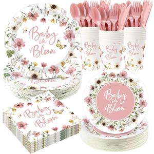 Funnymoom 400 Pcs Baby in Bloom Party Supplies for 50 Guests Pink Floral Baby Shower Paper Plates and Napkins Knives Spoon Fork Cup Disposable Wildflower Dinner Party for Spring Greenery Favor