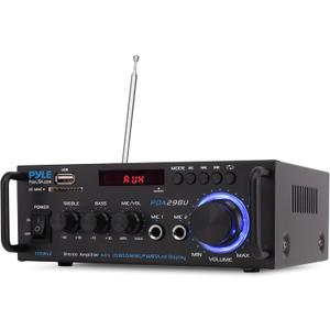 Pyle 200W Bluetooth Compact Power Amplifier - Wireless 2 Channel Audio Receiver with Dual Karaoke Mic Input - RCA - USB-A + SD Card MP3 Player - FM Radio - AUX in - Remote Control - PDA29BU