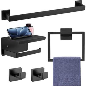 5-Pieces Matte Black Bathroom Accessories Set, SUS 304 Stainless Steel Bathroom Hardware Set, 16 Inch Towel Bar Set, Towel Holder Towel Racks for Bathroom Wall Mounted