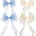 8 PACK Light Blue and Champagne Big Ribbon Hair Bows, Large Hair Accessories, Oversized Long-tail Hair Clips for Women and Girls Hair Styling Accessories