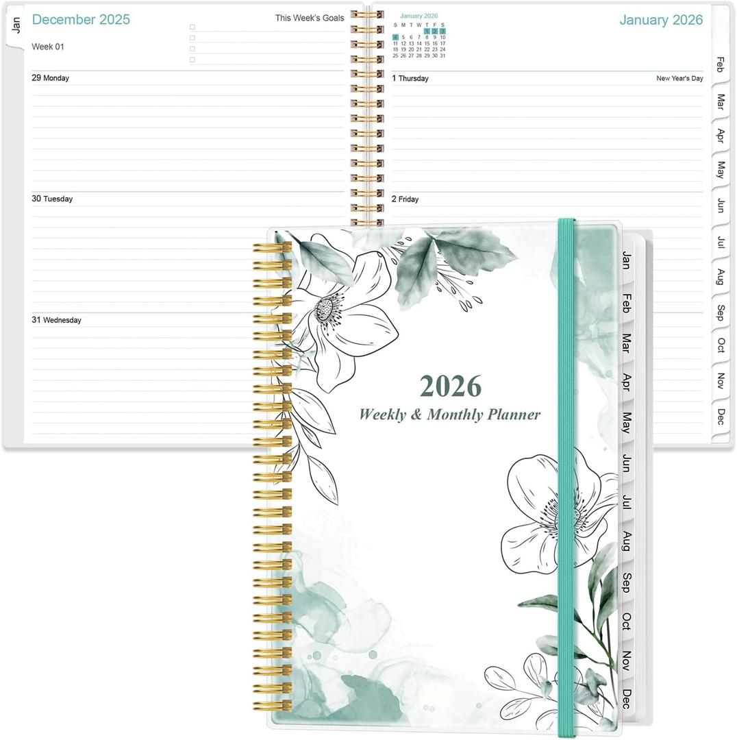 2 x 2026 Planner - Planner 2026 from January 2026 to December 2026 with 12 Monthly Tabs, Flexible Cover, Inner Pocket, 8.5" x 11", Teal Flowers